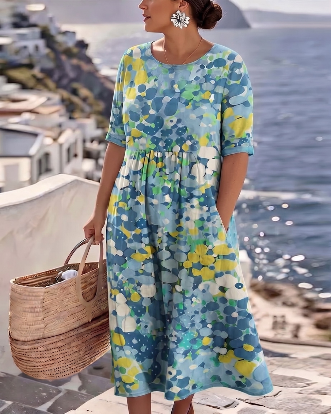 Angele - Robe mi-longue d'été à motif floral élégant