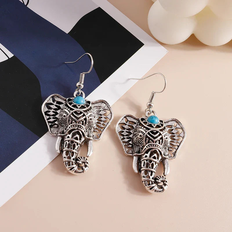 Boucles d'Oreilles Pendantes Bohémiennes Éléphant Vintage Argenté