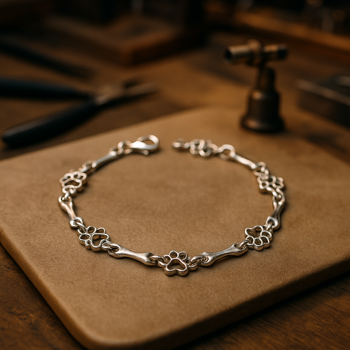 Bracelet Édition Limitée en Argent Pur avec Breloques Patte de Chien et Os