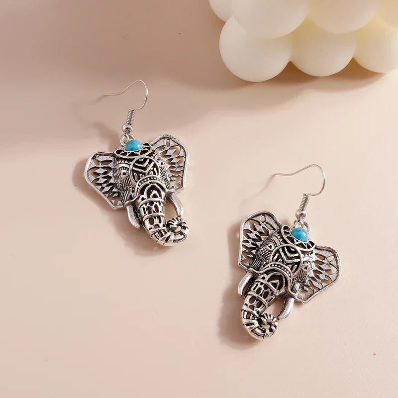 Boucles d'Oreilles Pendantes Bohémiennes Éléphant Vintage Argenté