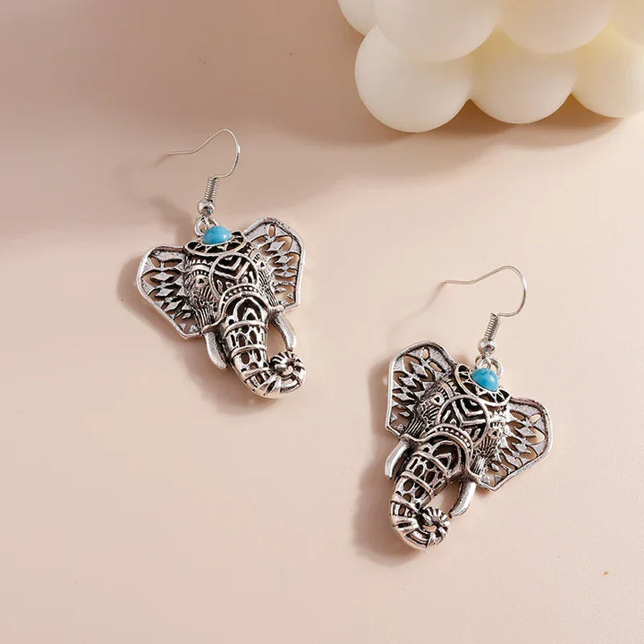 Boucles d'Oreilles Pendantes Bohémiennes Éléphant Vintage Argenté