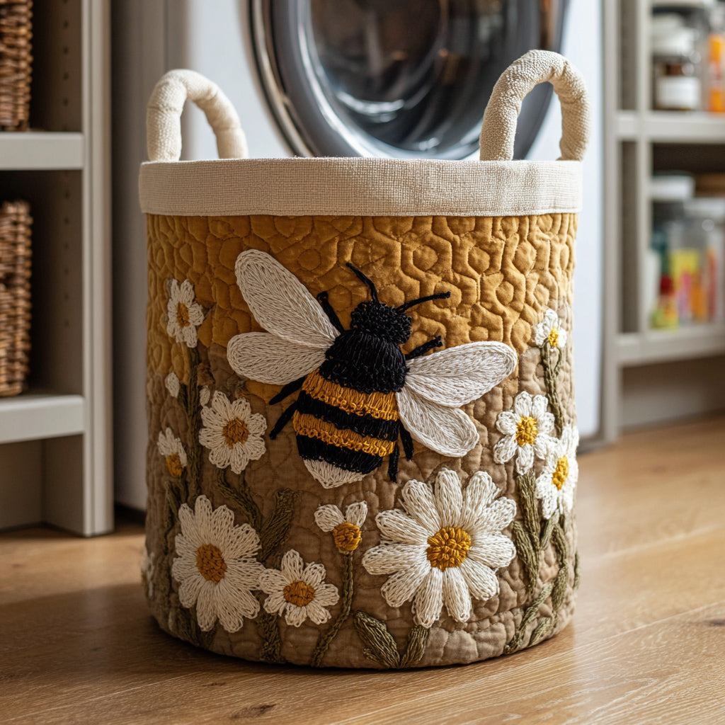 Panier à linge matelassé HONEY, motif marguerites et abeilles