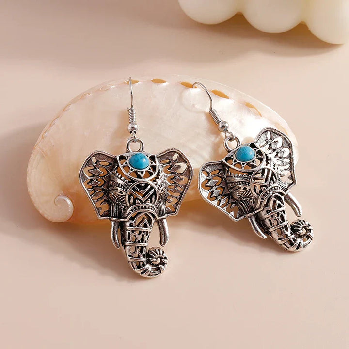 Boucles d'Oreilles Pendantes Bohémiennes Éléphant Vintage Argenté