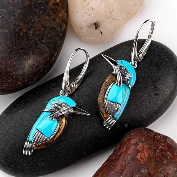 Boucles d'Oreilles Colibri Bleu en Émail