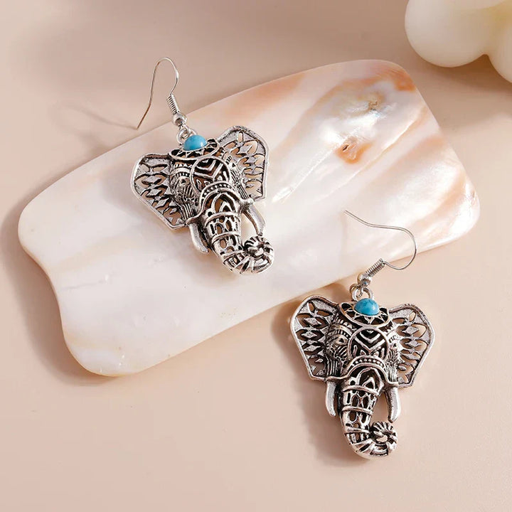 Boucles d'Oreilles Pendantes Bohémiennes Éléphant Vintage Argenté
