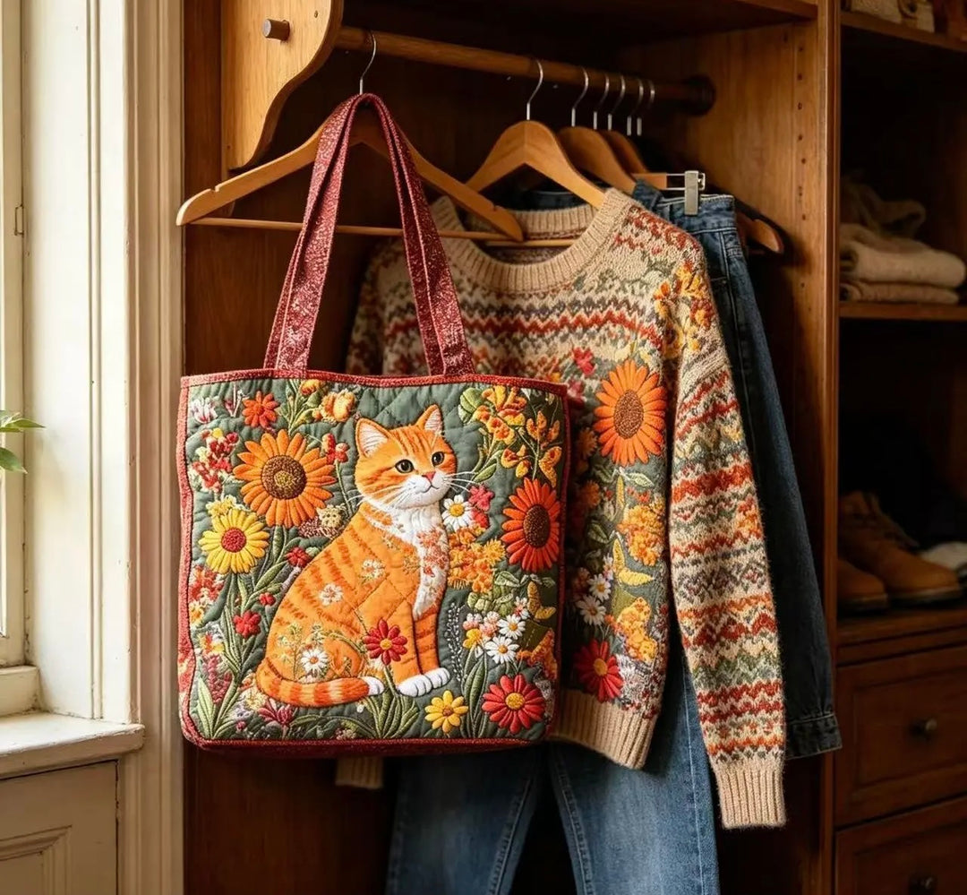 Sac cabas matelassé - Chat roux aux tournesols