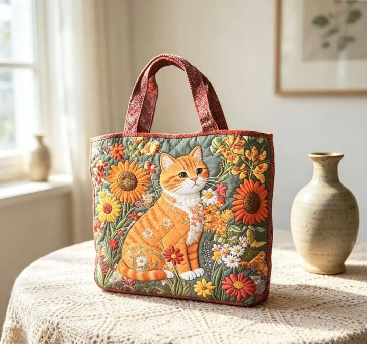 Sac cabas matelassé - Chat roux aux tournesols