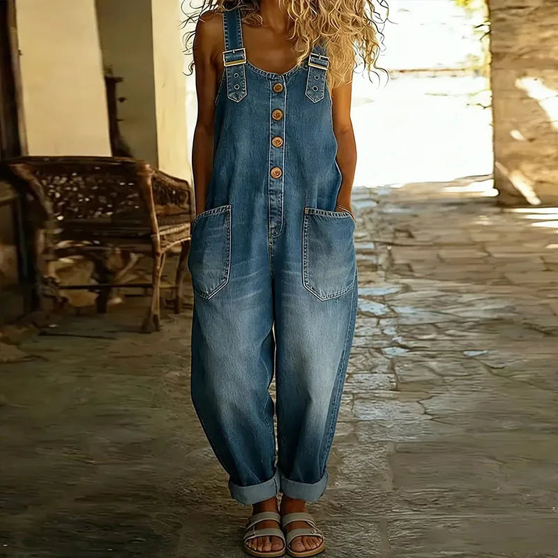 Saylor - Salopette Vintage en Coton Doux Look Denim avec Bretelles Ajustables