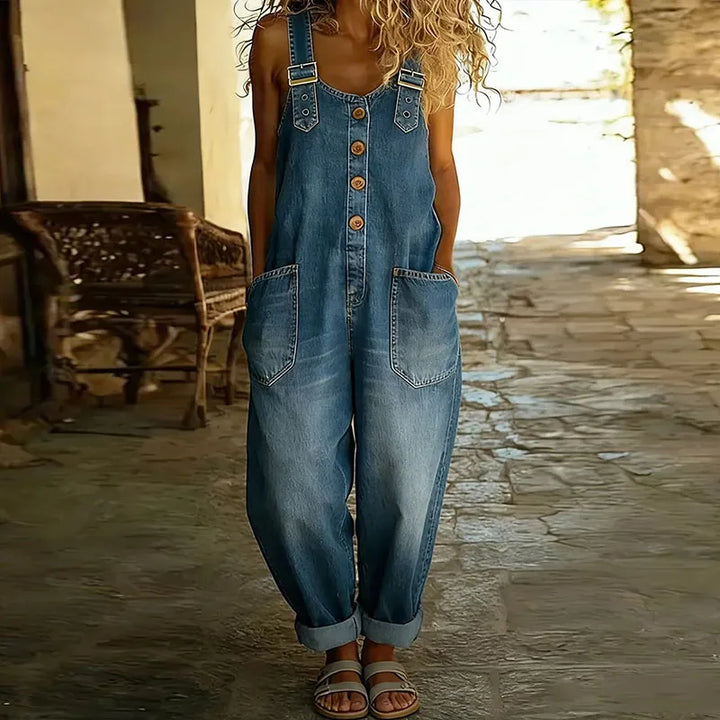 Saylor - Salopette Vintage en Coton Doux Look Denim avec Bretelles Ajustables