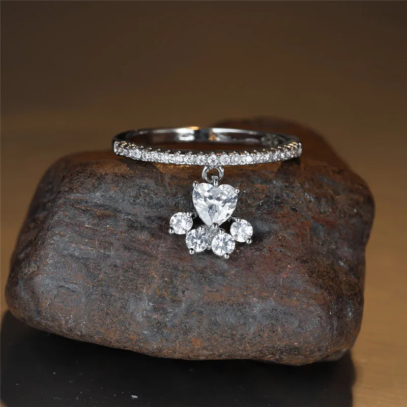 Bague Vintage Patte de Chat et Pierre en Forme de Cœur – Ton Or et Argent