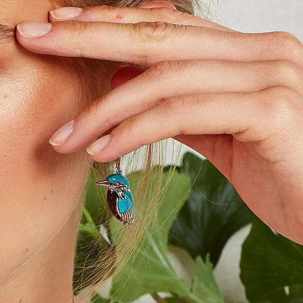 Boucles d'Oreilles Colibri Bleu en Émail