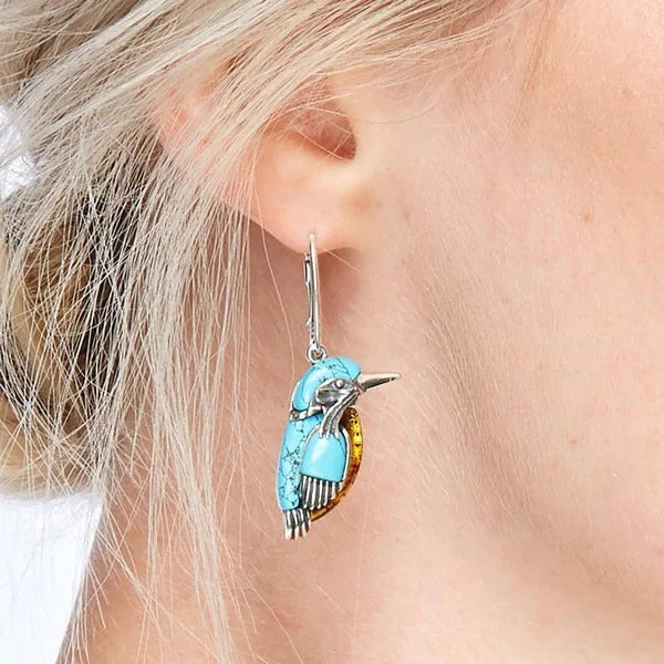 Boucles d'Oreilles Colibri Bleu en Émail