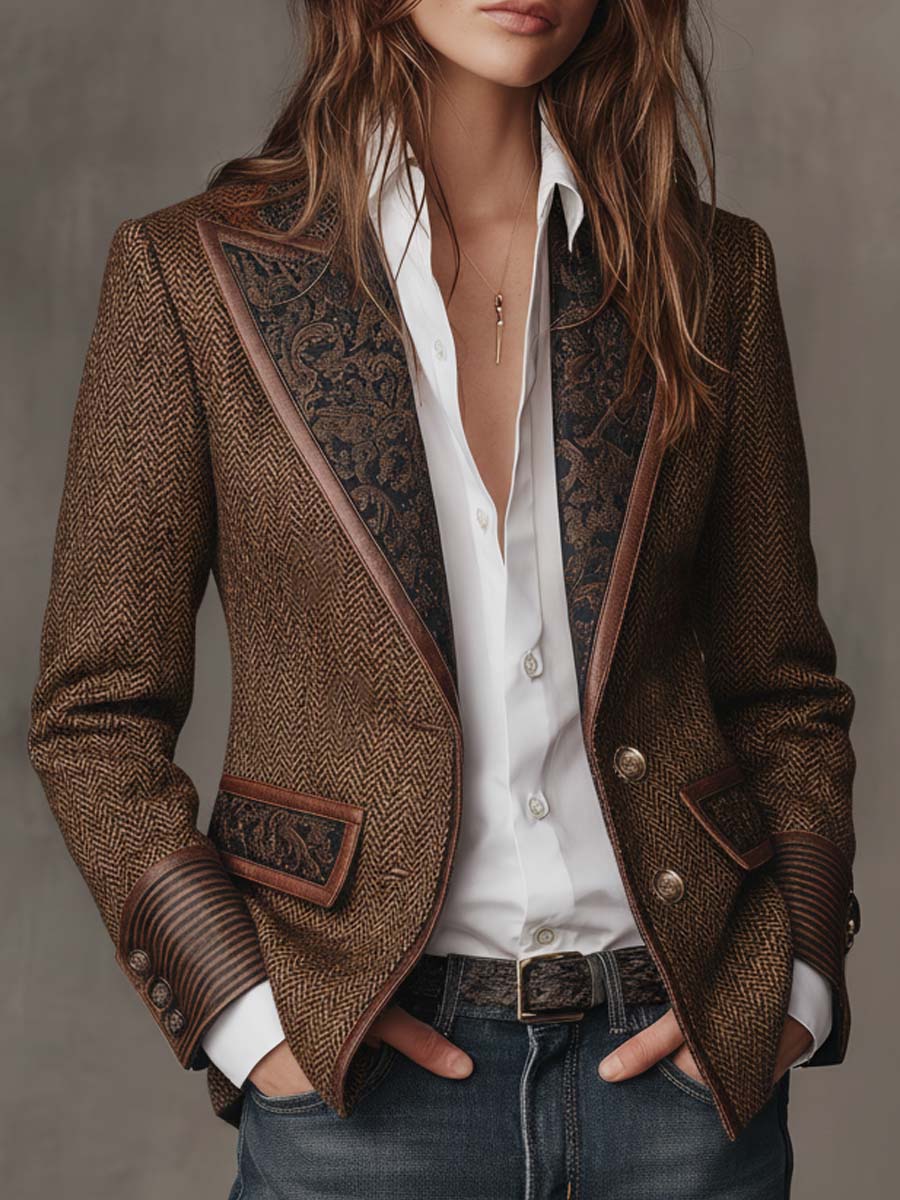 Savile | Blazer Tweed à Chevrons avec Garniture en Cuir