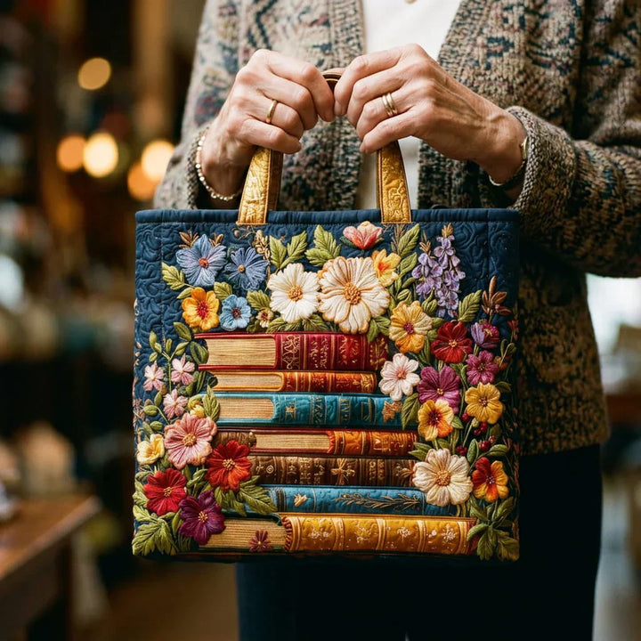 Sac cabas artisanal - Imprimé floral et livres