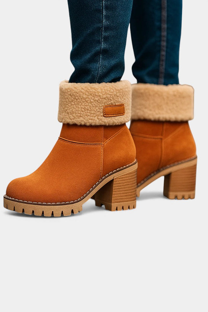 Luise - Bottines à Talon Bloc et Bordure en Fausse Fourrure