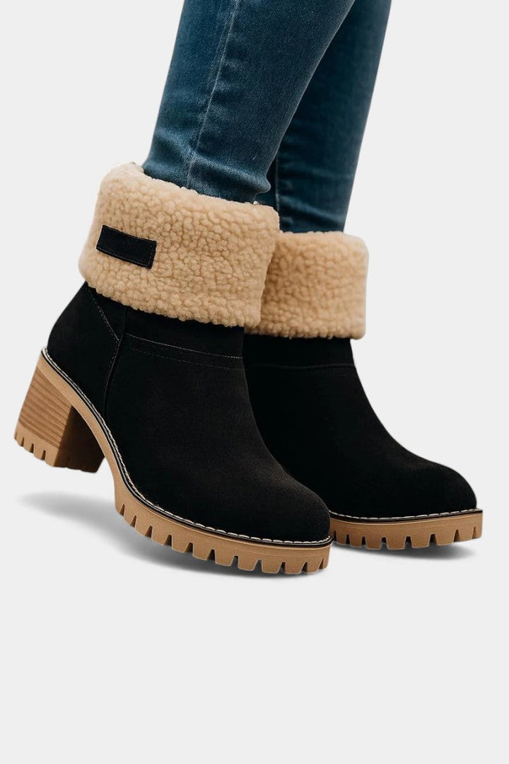 Luise - Bottines à Talon Bloc et Bordure en Fausse Fourrure