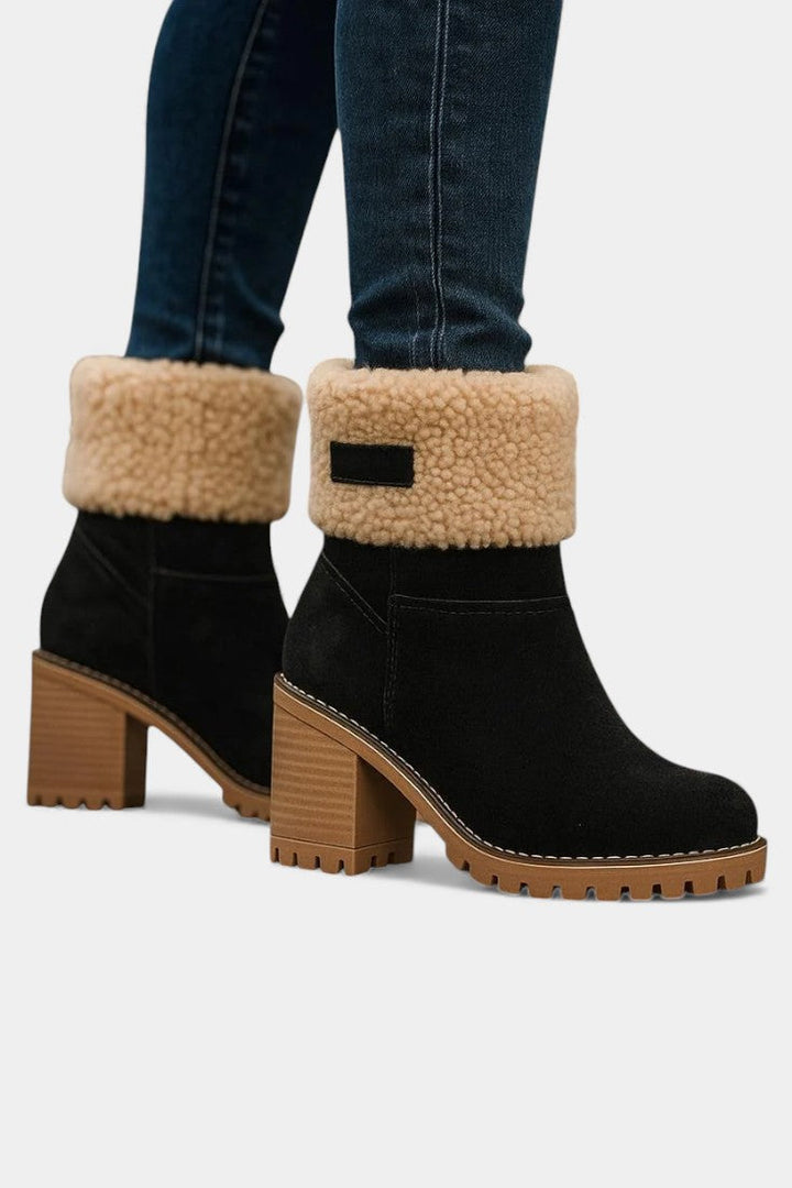 Luise - Bottines à Talon Bloc et Bordure en Fausse Fourrure