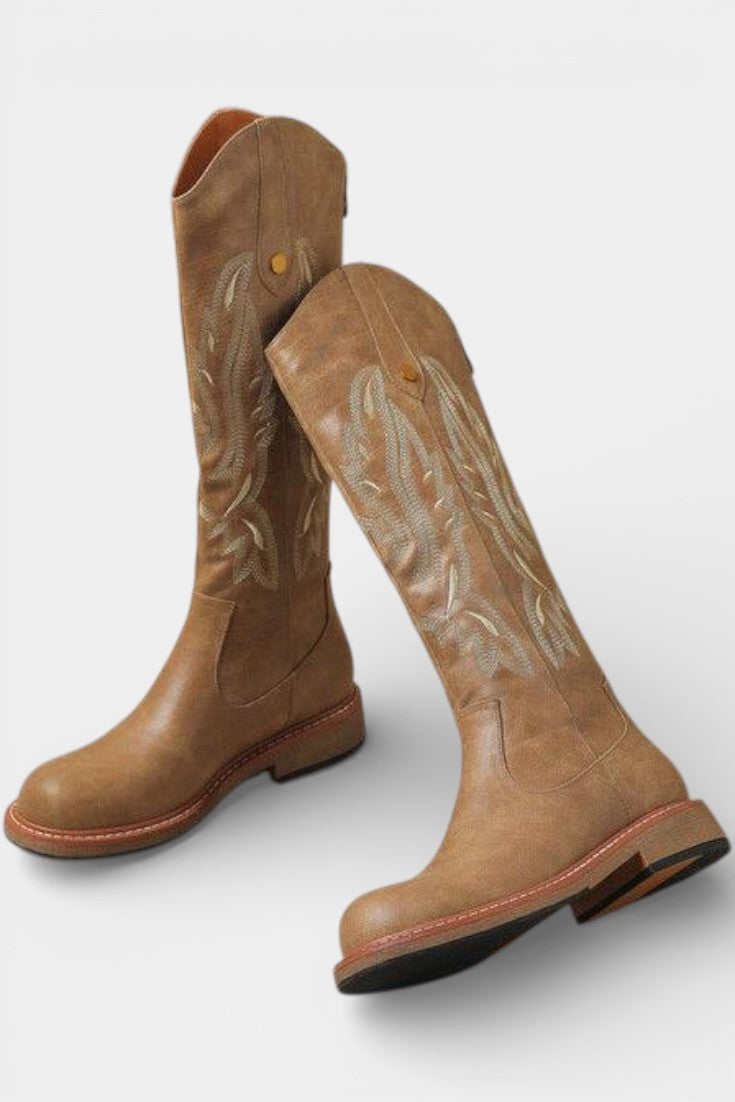 Violette - Bottes Longues Brodées avec Fermeture Éclair Arrière