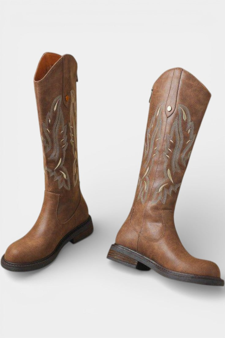 Violette - Bottes Longues Brodées avec Fermeture Éclair Arrière