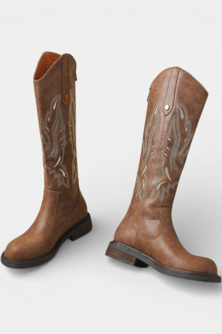 Violette - Bottes Longues Brodées avec Fermeture Éclair Arrière