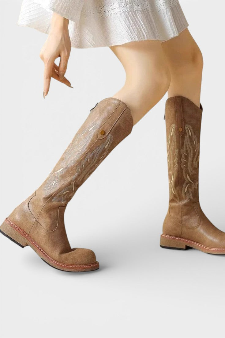 Violette - Bottes Longues Brodées avec Fermeture Éclair Arrière