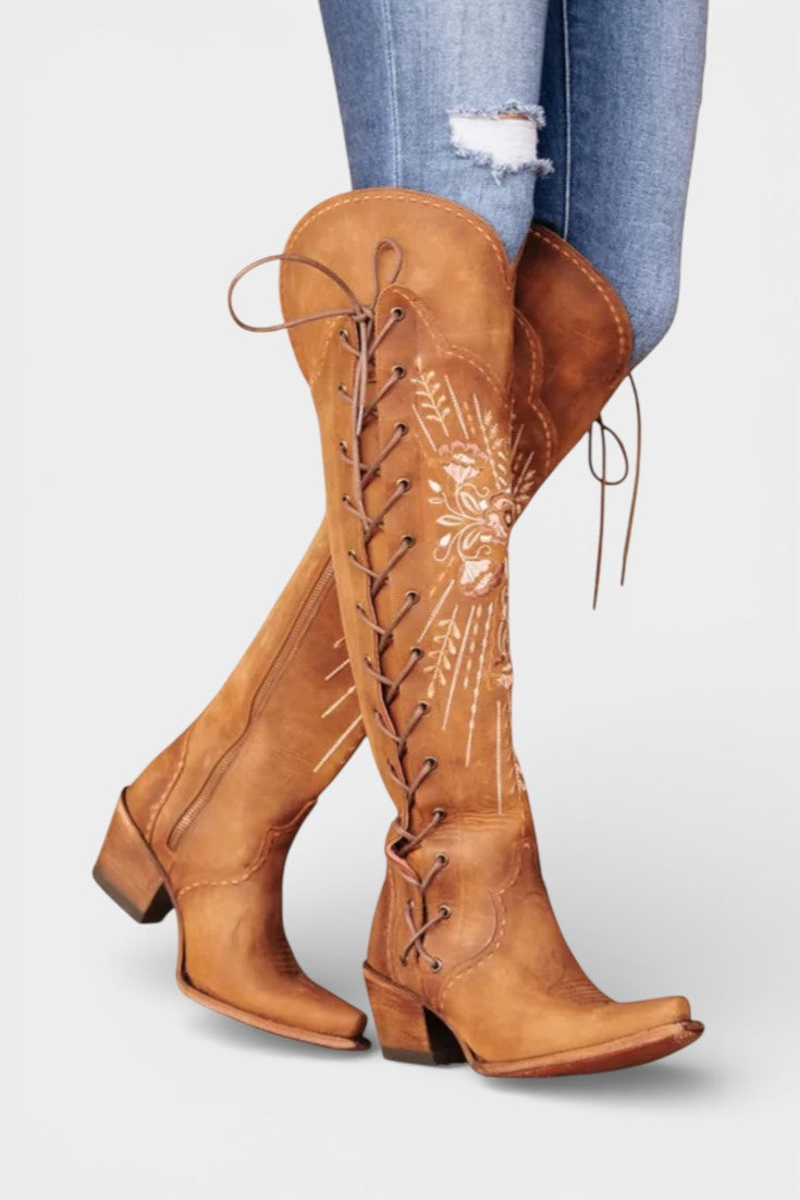 Antonine - Bottes Western Vintage à Lacets et Broderies
