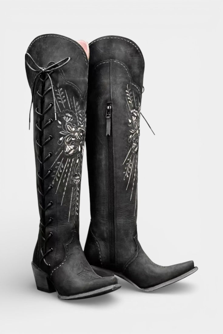 Antonine - Bottes Western Vintage à Lacets et Broderies