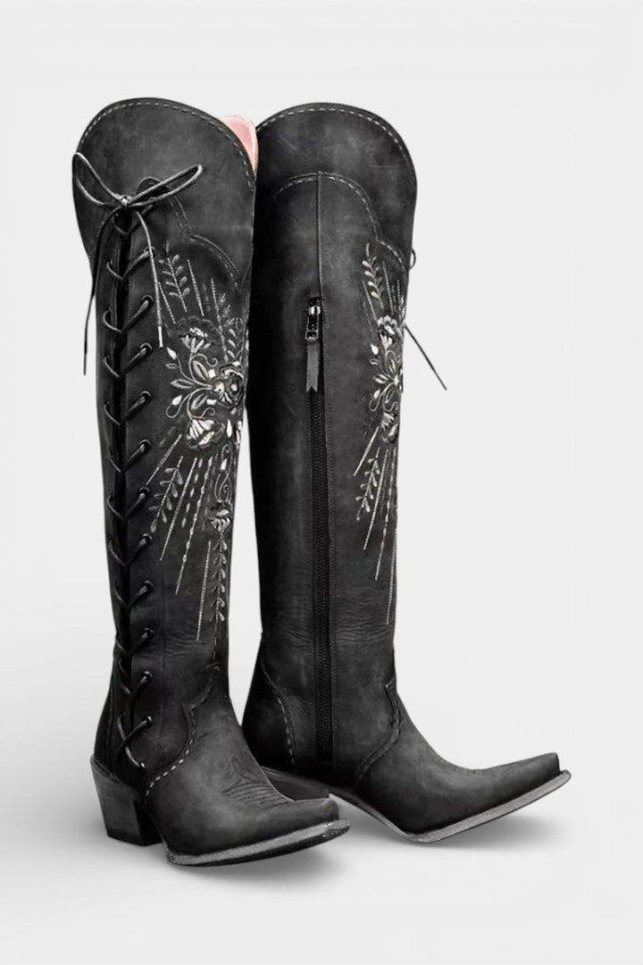 Antonine - Bottes Western Vintage à Lacets et Broderies