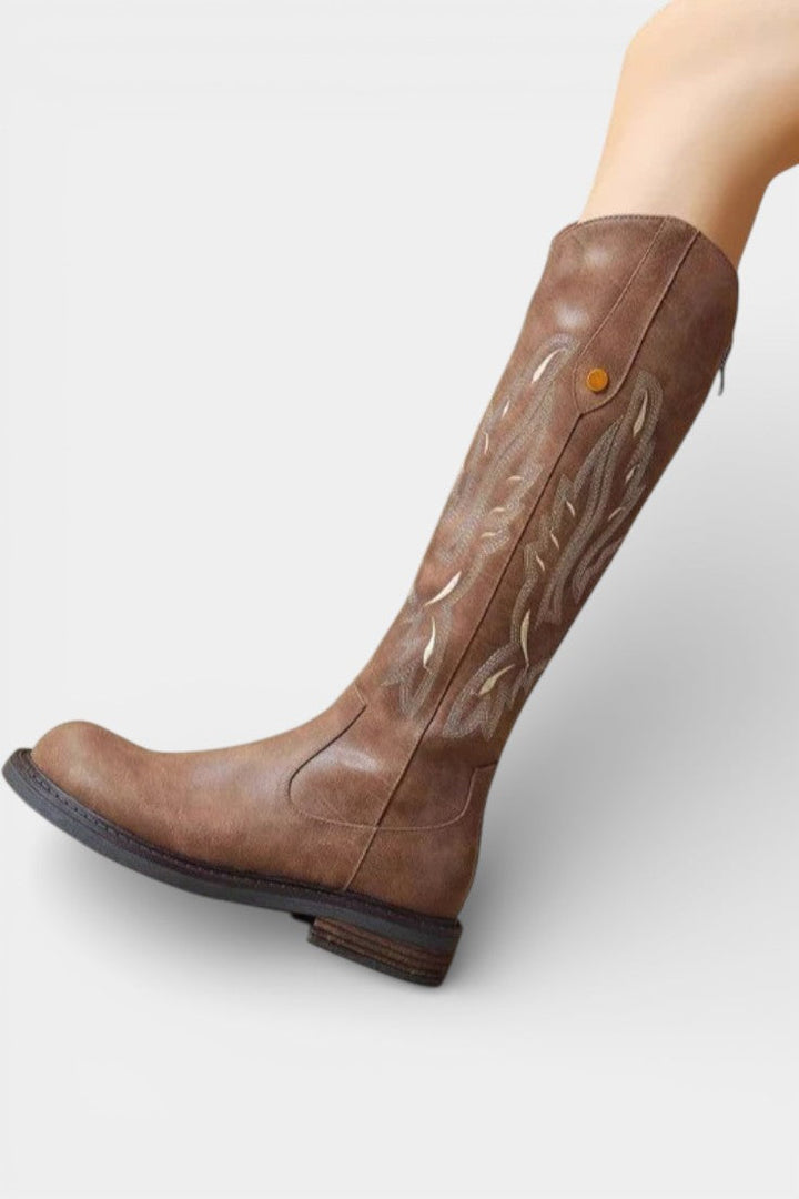 Violette - Bottes Longues Brodées avec Fermeture Éclair Arrière