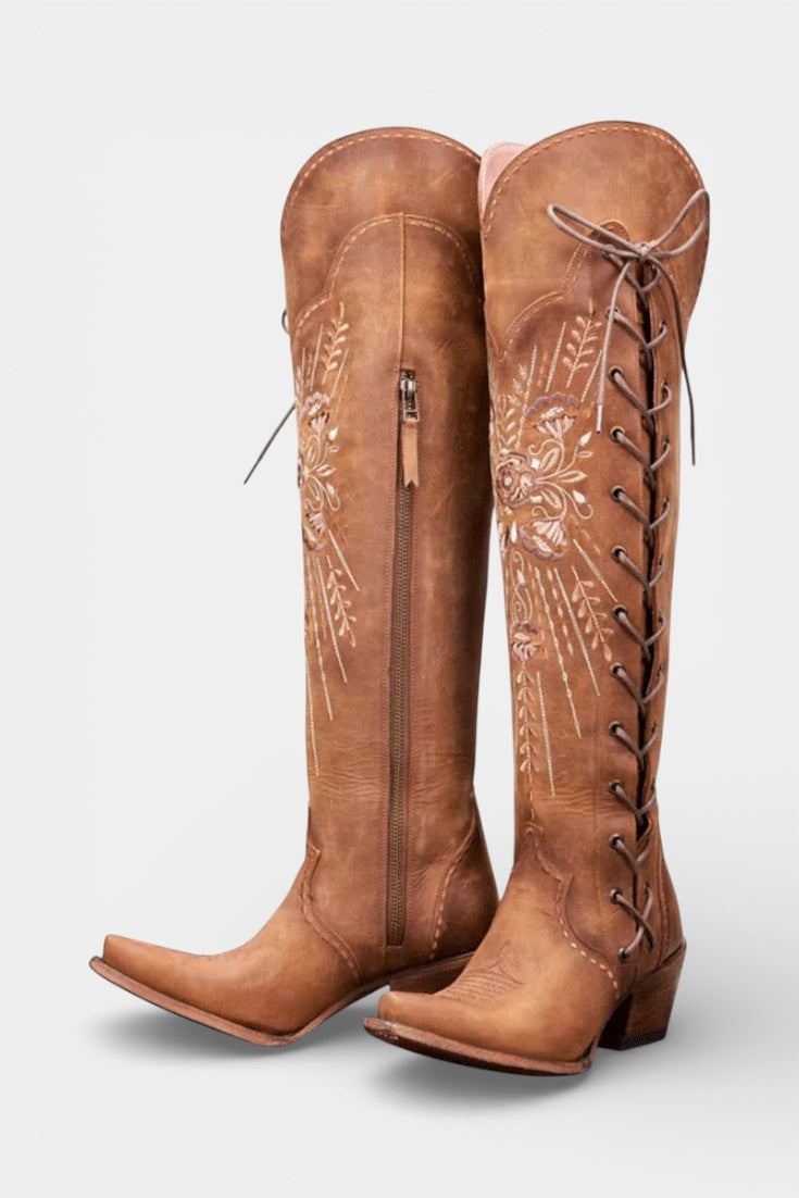 Antonine - Bottes Western Vintage à Lacets et Broderies