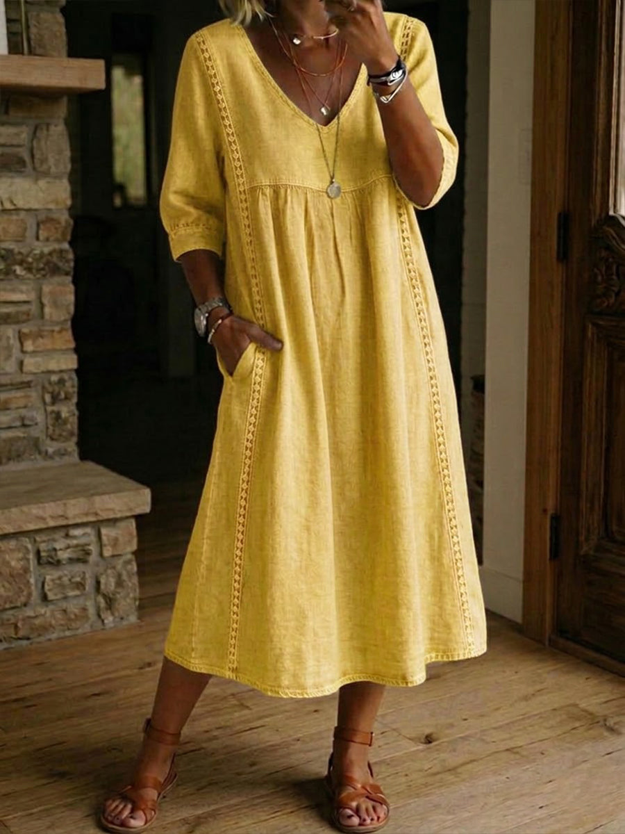 Lila - Robe Midi en Lin et Coton avec Dentelle