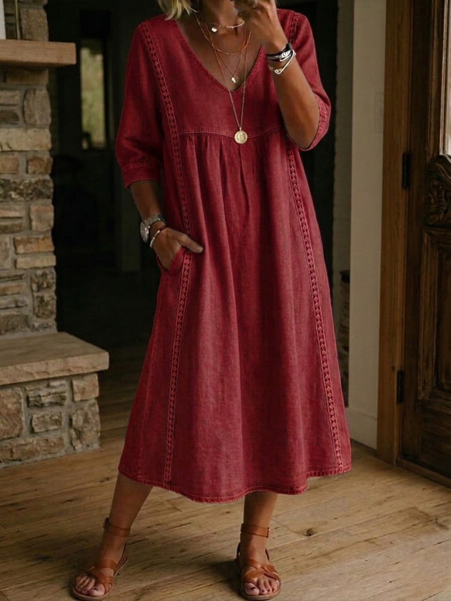 Lila - Robe Midi en Lin et Coton avec Dentelle