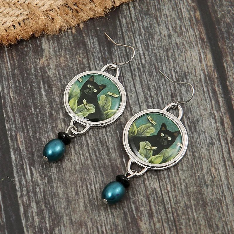 Boucles d'Oreilles Pendantes Chat Noir Tropical Vintage