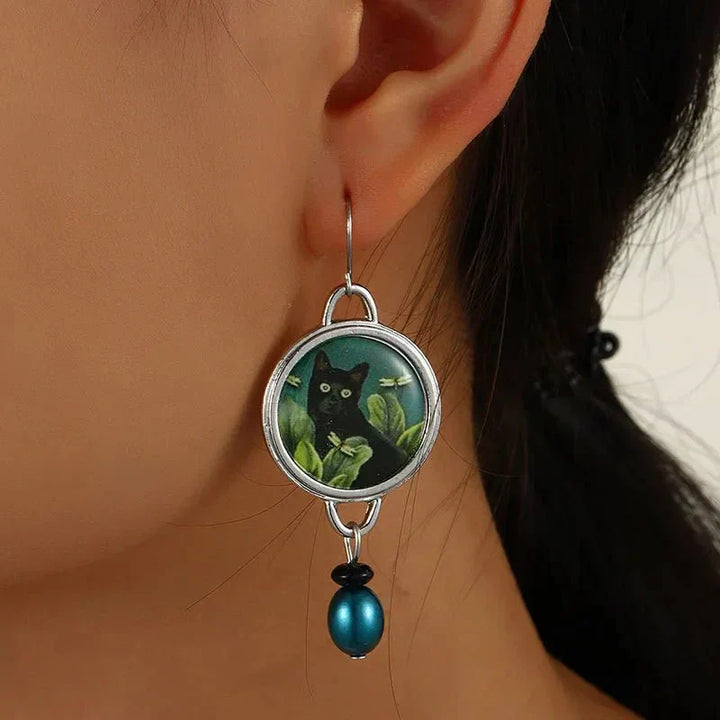 Boucles d'Oreilles Pendantes Chat Noir Tropical Vintage