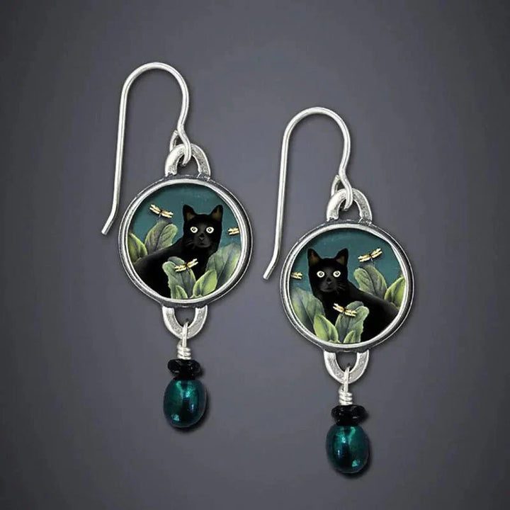 Boucles d'Oreilles Pendantes Chat Noir Tropical Vintage