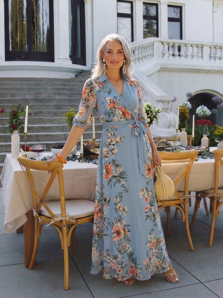 Elowen | Robe maxi portefeuille à col en V à motif floral