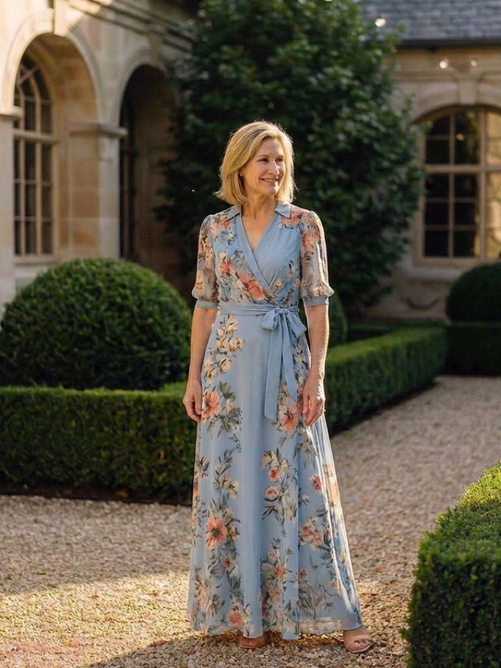 Elowen | Robe maxi portefeuille à col en V à motif floral